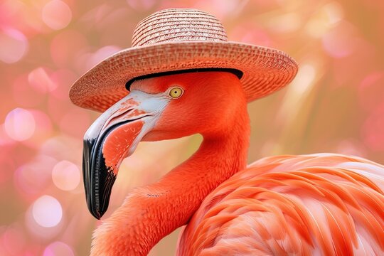 Summer flamingo bird wearing hat