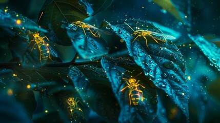 Bioluminescent insects crawling on leaves
