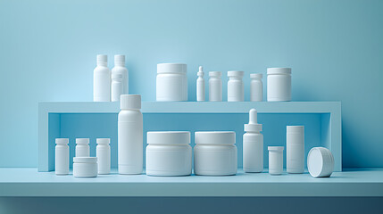 White medicine bottle mockup, Empty medicine jar on blue background