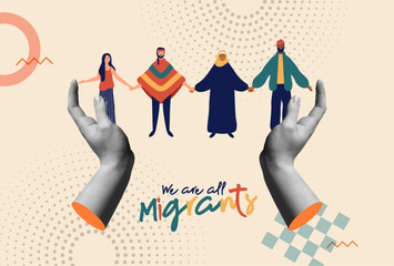 Diverse migrants people and hands that protect collage vector card
