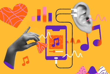 Music phone app cartoon, human hand and ear in retro collage vector