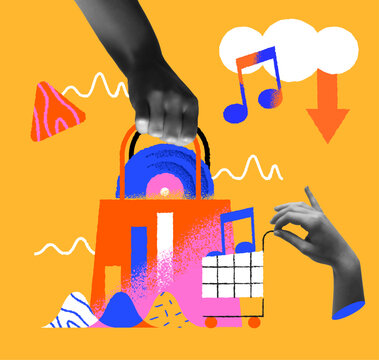 Music store business concept and human hand retro collage vector illustration
