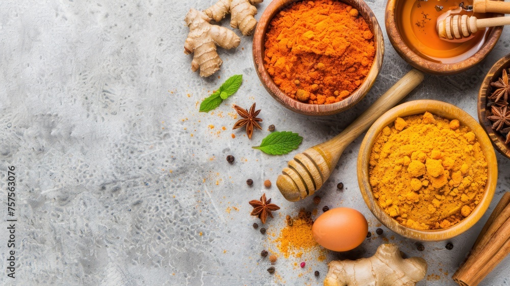 Poster a table topped with bowls filled with different types of spices and an egg on top of a table next to