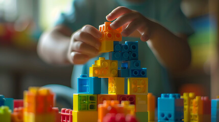 A person playing with building blocks, showing how to build a strong foundation in business - obrazy, fototapety, plakaty