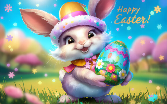 Happy Easter Card, easter bunny with easter eggs