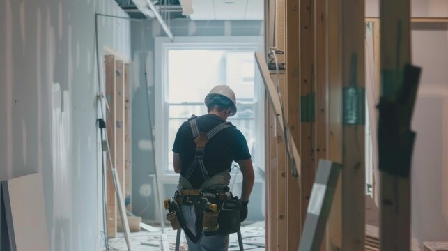 Construction Worker Walking through a Renovation Site. Generative ai