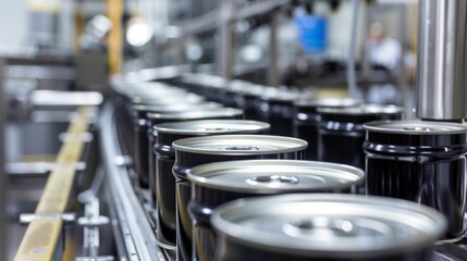 Aluminum Cans Conveyor Belt in Beverage Factory. Generative ai - obrazy, fototapety, plakaty