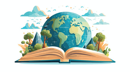 Whimsical flat illustration A book with a world map - obrazy, fototapety, plakaty