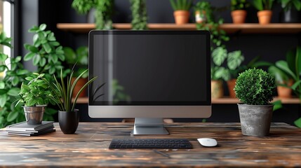 Office photo with many plants and a computer on a wooden desk