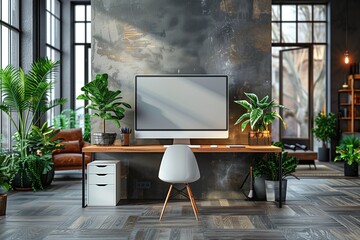 Modern luxury office with large windows and a desk with a computer and a chair next to a file cabinet with many decorative plants - obrazy, fototapety, plakaty