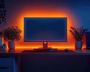 PC on desk with orange RGB lighting in the background in a dark room