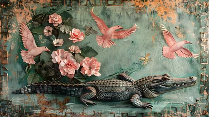 Fotobehang portrait of a crocodile surrounded by pink birds © Manja