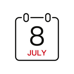 July 8 date on the calendar, vector line stroke icon for user interface. Calendar with date, vector illustration.