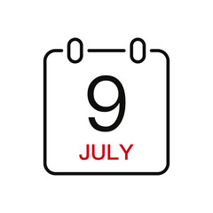 July 9 date on the calendar, vector line stroke icon for user interface. Calendar with date, vector illustration.