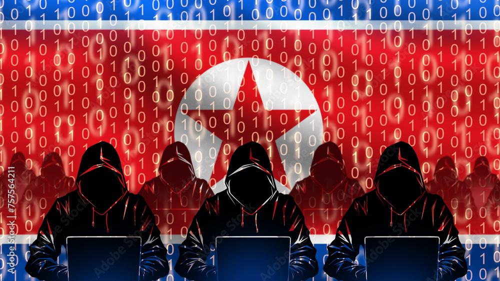 Aufkleber flag with hackers from north korea. silhouette of cyber army with computers. flag dprk with binary c