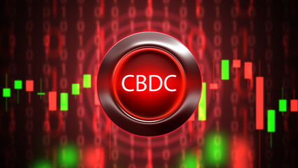 CBDC cryptocurrency. Central bank digital currency. CBDC crisis concept. Red quotes are metaphor for fall of cryptocurrency security. Financial chart. CBDC money. Electronic means payment. 3d image