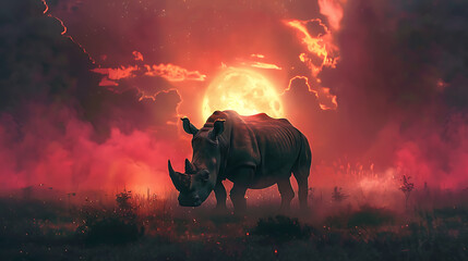 rhino at sunset - obrazy, fototapety, plakaty