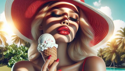 Hübsche, blonde, junge Frau mit sommerlichem Hut ißt genussvoll ein Eis. - obrazy, fototapety, plakaty