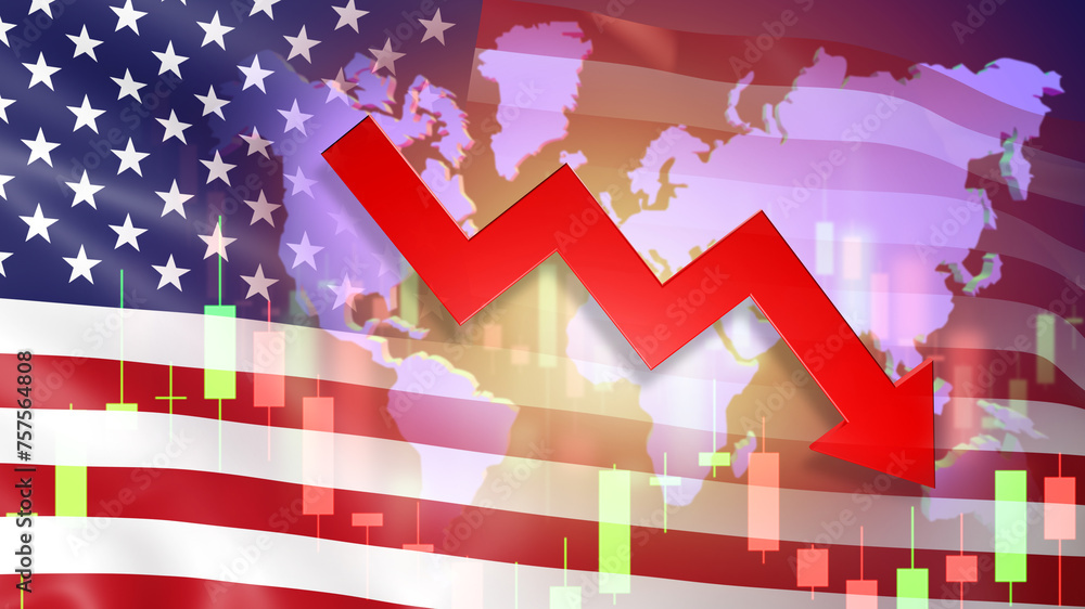 Poster crisis in us. falling graph near american us flag. financial problems in america. down arrow metapho