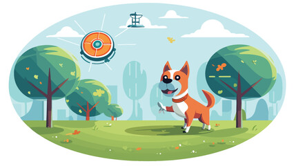 Whimsical flat illustration A robot dog fetching 