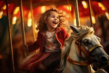 A young girl is riding a carousel horse with a big smile on her face