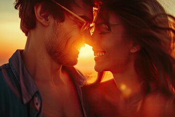 Fototapeta premium A couple is kissing in front of a sunset. The man is wearing a blue shirt and the woman is wearing a red dress. They are both smiling and enjoying the moment