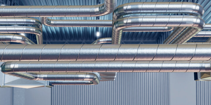Steel pipes under roof of building. Galvanized pipeline. Engineering communications. Ventilation pipes. Pipeline for supplying water to factory. Visualization of engineering communications. 3d image
