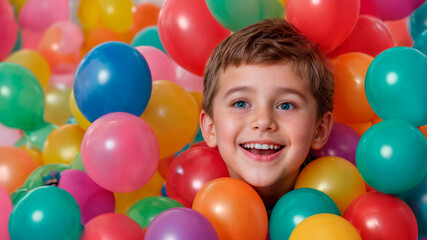 Fototapeta na wymiar Portrait of a smiling boy, poking his face into a pile of colorful balloons, looking at camera. AI Generated 