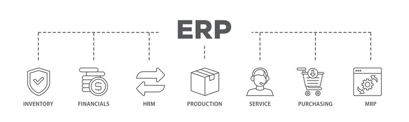 ERP banner web icon illustration concept with icon of inventory, financials, hrm, production, service, purchasing, and mrp icon live stroke and easy to edit 