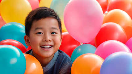 Fototapeta na wymiar Portrait of a smiling boy, poking his face into a pile of colorful balloons, looking at camera. AI Generated 