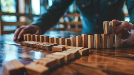 A person setting up dominoes, showing how one action leads to another in business