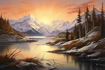 Photo sur Plexiglas Réflexion A serene mountain lake reflecting a panorama of snow-capped peaks, with the soft glow of the rising sun painting the scene in warm pastel colors.
