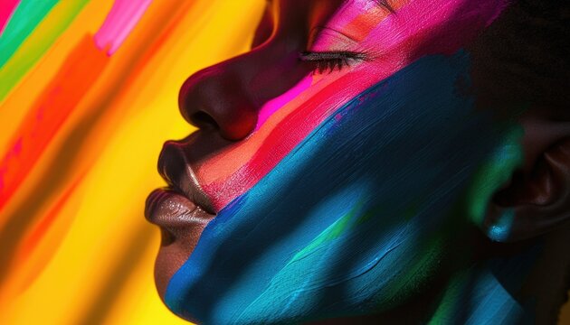 Artistic close-up portrait of a woman with bold rainbow-colored face paint against on colored background. Artistic representation of gender identity, fluidity and diversity concept