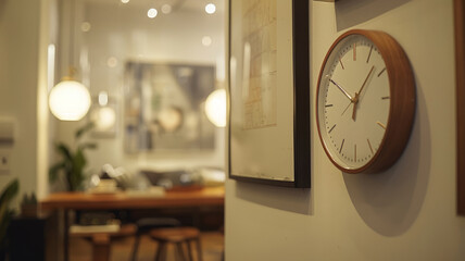 A wall-mounted clock in a modern office setting