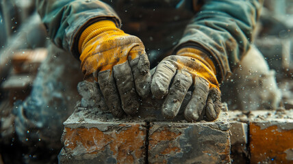 Hands laying bricks at a construction site. - obrazy, fototapety, plakaty