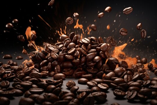 a pile of coffee beans with flames