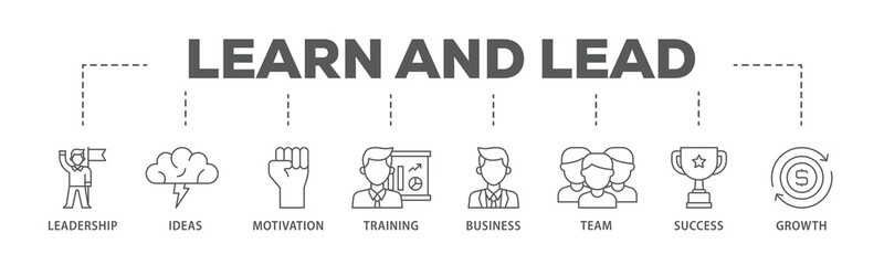 Learn and lead banner web icon illustration concept with icon of leadership, ideas, motivation, training, business, team, success, and growth icon live stroke and easy to edit 