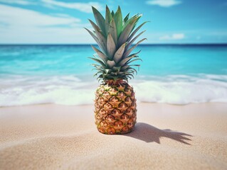 a pineapple on a beach - obrazy, fototapety, plakaty