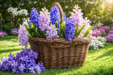 Wicker basket sits on the grass, overflowing with purple and blue hyacinths.