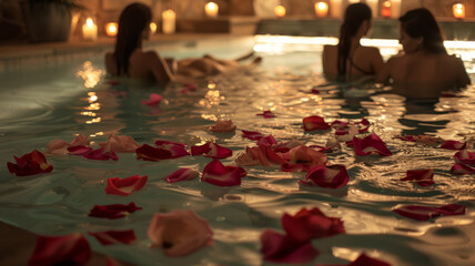 People in a pool with rose petals