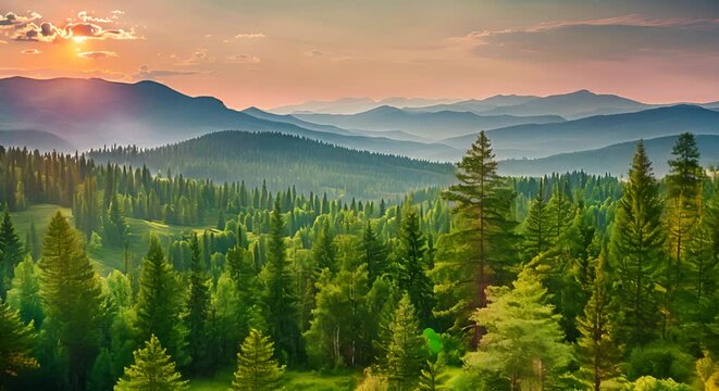 Beautiful sunset view in cedar forest in front of mountain range.