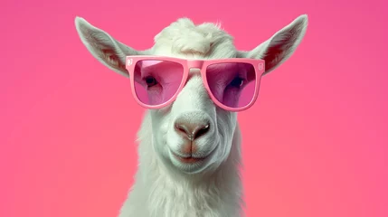 Fotobehang Creative animal concept. Goat in sunglass, generative ai © Katshal