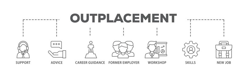 Outplacement banner web icon illustration concept with icon of mer employer, workshop, skills, new job, training, and presentation icon live stroke and easy to edit 