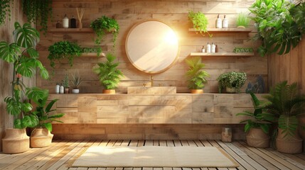 a bathroom with a lot of plants on the shelves and a mirror on the wall with a light coming in.