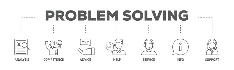 Problem solving banner web icon illustration concept with icon of analysis, critical thinking, creativity, emotional intelligence, research, team building  icon live stroke and easy to edit  - Powered by Adobe