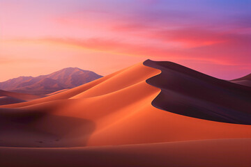A surreal desert landscape at dusk, with towering sand dunes casting long shadows and the sky ablaze with warm hues of orange and pink. - obrazy, fototapety, plakaty
