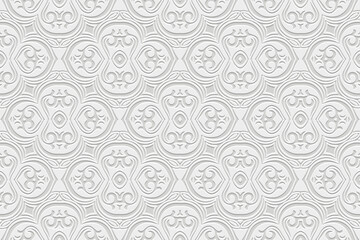 Embossed white background, cover design. Geometric elegant 3D pattern, handmade. Ornaments, arabesques, boho. Original design in the best traditions of the peoples of the East, Asia, India, Mexico