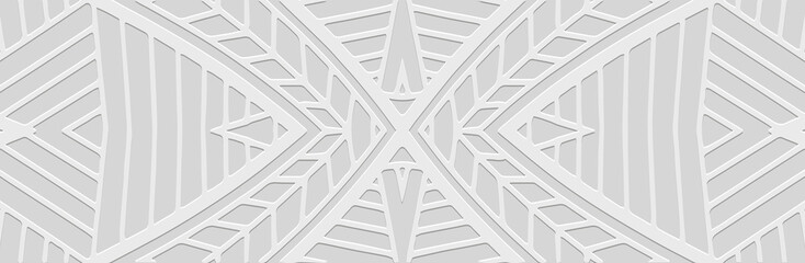 Banner. Relief geometric ethnic 3D pattern on a white background. Tribal ornamental linear cover design in the best traditions of the peoples of the East, Asia, India, Mexico, Aztec, Peru. 