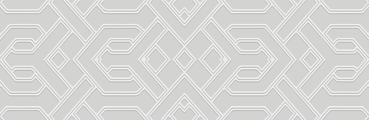 Banner. Relief geometric ethnic decorative 3D pattern on a white background. Tribal ornamental linear cover design in the best traditions of the peoples of the East, Asia, India, Mexico, Aztec, Peru. - obrazy, fototapety, plakaty