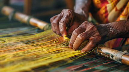 A person weaving a fabric, representing interconnectedness and interdependence in business operations - obrazy, fototapety, plakaty